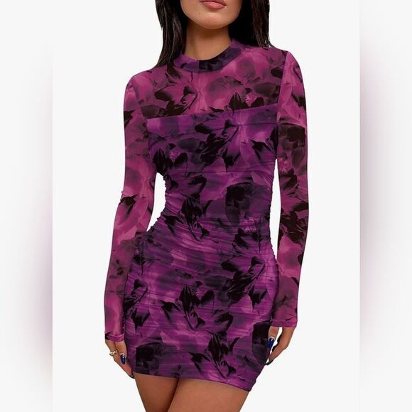 🔸️NWT Fuchsia Floral Bodycon Long Sleeve Dress Small - Picture 7 of 11